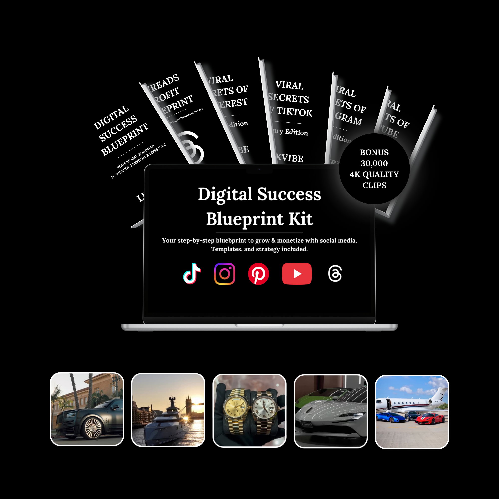 Digital Success Blueprint Kit showing Canva templates, guides, and 4K video clips